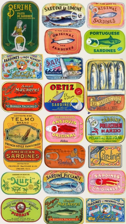 This may contain: an assortment of different types of fishing lures in tins and labels on white paper