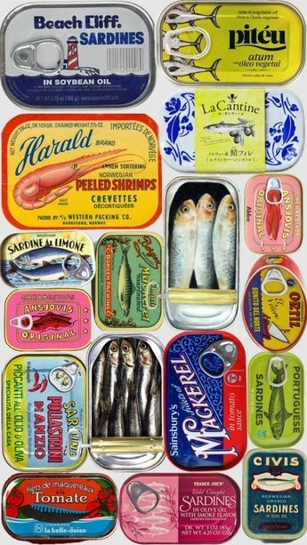 This may contain: an assortment of tins with different types of fish and seafood in them on a white background