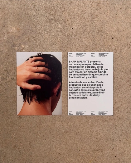 Photo shared by @pedro.ajo on February 24, 2025 tagging @johwska, @yuriroga, @carlosojedajimenez, @0keyth, @patio.espacio, and @patio__studio. May be an image of ‎1 person, braids, magazine, poster and ‎text that says '‎K3Hи 用香かます BEJGIN tragia MoyToB SNAP IMPLANTS presenta concepto especulativo de modificación corporal. Estos implantes sei nsertan bajo piel para ofrecer sistema lización combina funcionalidad estética. de una colección de los implantes, se reinterpreta conexión cuerpo los objetos cotidianos para diluir la frontera utilidad y ornamentación. حد P biigー AaUma பயஸம் Me balay- ទទទា‎'‎‎.