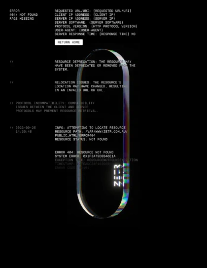 ZETR 404 page, featuring a translucent spinning 3D ZETR product