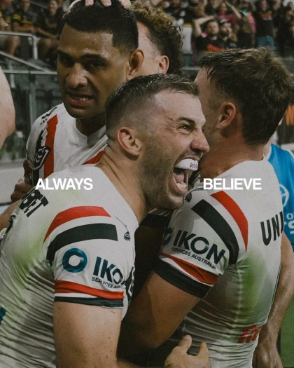 Photo by Sydney Roosters on March 14, 2025. May be an image of 3 people, sport equipment and text that says "まイ ALWAYS BELIEVE OIKO O IKo ្ហា SER UCES OCES UNA CESAUSTRALIA CES ON AUSTRALIA".