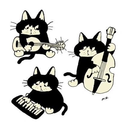 This may contain: three black and white cats playing musical instruments with one cat laying on its back, the other lying down