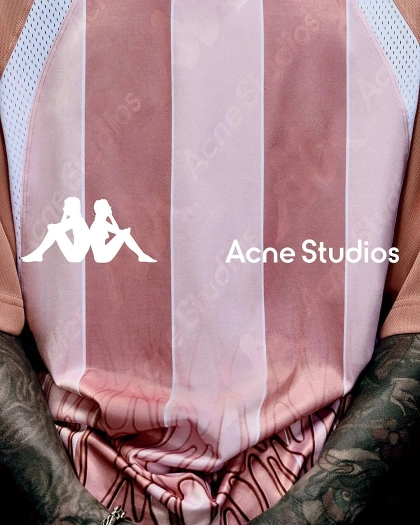 Photo shared by VERSUS on March 20, 2025 tagging @acnestudios, and @kappa_sport. May be an image of ‎one or more people, make-up and ‎text that says "‎شثر Acne AcneStudios Studios‎"‎‎.