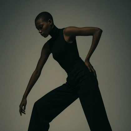 Photo by AI Creations on May 02, 2025. May be an image of 1 person, makeup, turtleneck, jumpsuit and text.