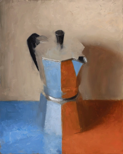 an oil painting of a moka coffee maker reflecting red and blue on the table